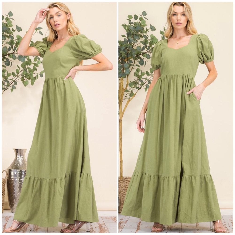 HYFVE Boho Chic Olive Green Puff Sleeves Tiered Maxi Dress - Picture 4 of 7